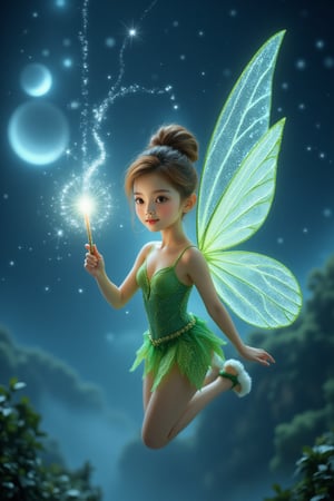 This is a realistic image of Tinkerbell, an Asian girl with an elegant updo, flying gracefully through the night sky. She holds a sparkling magic wand that emits light as she glides through the air. Her delicate wings shine in the moonlight, and the sky is filled with shining stars and magical sparkles. Cinematic lighting, HD quality, fantasy realism