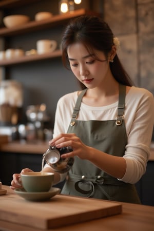 photorealistic image of a beautiful Korean barista in her 20s, gracefully pouring coffee in a cozy café. She is focused and smiling softly, wearing an apron over a casual outfit. The background shows warm lighting, shelves of coffee beans, and soft wooden textures. Cinematic lighting, 