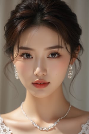 Realistic portrait of a beautiful Korean woman with her hair in an elegant updo, wearing delicate earrings and a sparkling necklace. Her serene face glows softly, and the light reflects off the jewels, emphasizing her elegant beauty. The background is softly blurred to highlight her features. cinematic lighting,