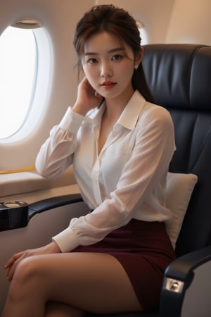 Young flight attendant on a luxurious aircraft, young and beautiful Korean woman, sitting posture on a chair, transparent blouse, tights, sitting posture that catches the eye with beautiful legs, digital artwork, luxurious and glamorous style, soft in-flight lighting,