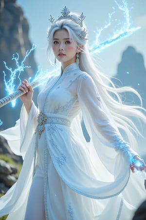 A majestic young female swordsman stands poised in a stunning high-resolution masterpiece, her striking features illuminated by soft, ethereal lighting. Her porcelain-doll face shines with confidence as she wears a flowing white traditional Chinese outfit, adorned with a elegant headdress and vibrant white hair that flows behind her like a river of silk. The sword in her hand crackles with blue electricity, its power coursing through her veins. Against the backdrop of a fantastical landscape, her entire figure appears larger-than-life at 1.3 scale, exuding strength, femininity, and beauty.