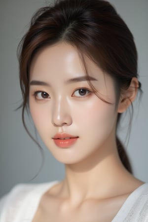 A realistic portrait of a young, beautiful Korean woman with flawless skin and delicate features. Her face is softly lit, allowing natural light to accentuate her calm and confident expression. The background was softly blurred to focus on her beautiful face. Cinematic lighting, HD quality, soft focus, natural realism