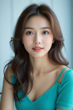 Portrait of a young and beautiful Asian woman with soft, flawless skin. She has slightly wavy hair, wearing a vibrant teal top with a playful, cute expression. The image is shot from a slightly lower angle, capturing her warm, captivating gaze. The setting is bright and airy, with studio lighting softly highlighting her features. The overall aesthetic emphasizes elegance, beauty, and a hint of charm, perfect for a high-quality professional photoshoot.