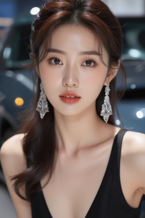 Young and beautiful Korean motor show model woman, beautiful face, dress, earrings, digital artwork posing on motor show car background, low angle, (focus on legs), bold and provocative style, detailed and stylish high-resolution fashion details (full body): 1.4 )