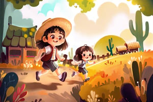 a girl and a boy running in a mexican farm, mexican landscape, mexican style, cute eyes,Danbo, sharp eyes, definited eyes