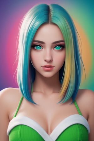 Chica hermosa, con cabello de colores, ojos asules, entorno verde, ultraHD, 