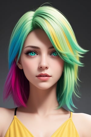 Chica hermosa, con cabello de colores, ojos asules, entorno verde, ultraHD, 