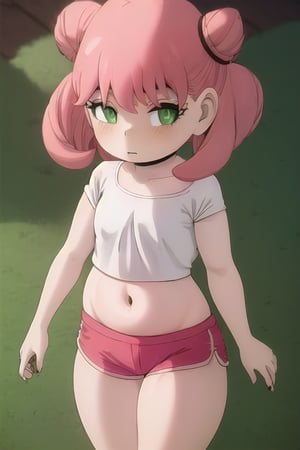 (masterpiece, best quality), 1girl, (absurdres:1.2), (flat chest:1.2), pink_hair, green_eyes, (She is wearing a cropped top and tight shorts:1.3), 
((thick thighs:1.2)), ((wide hips:1.2)), anya_forger_spyxfamily