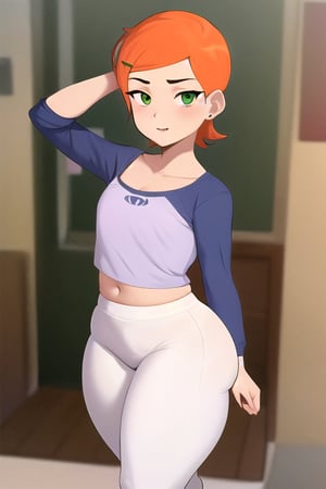 (absurdres:1.2), 1girl, short orange hair, green eyes, (She is on her back looking back:1.1),  (flat chest),  (thick thighs:1.2), (wide hips:1.2), (she is wearing a long sleeve shirt:1), (She is wearing tight white pants:1.1),Gwen_tennyson
