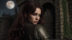 photorealistic, masterpiece, highest quality, (perfect face:1.1), (high detail:1.1), (hyper detailed eyes) dramatic scene, cinematic lighting, detailed background, full body, perfect girl, perfect body, Full leather black medieval armor, blood on clothes, unfriendly expression, Defiant look, reddish curly hair, moss green color eyes, pale_skin. Medieval castle background, moon night, night, dim light from behind, movie still, FFIXBG,bul4n,Realism,FFIXBG