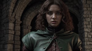 photorealistic, masterpiece, highest quality, (perfect face:1.1), (high detail:1.1), (hyper detailed eyes) dramatic scene, cinematic lighting, detailed background, full body, perfect girl, perfect body, Full leather black medieval armor, blood on clothes, unfriendly expression, Defiant look, reddish curly hair, moss green color eyes, pale_skin. Medieval castle background, moon night, night, dim light from behind, movie still, FFIXBG,bul4n,Realism,FFIXBG