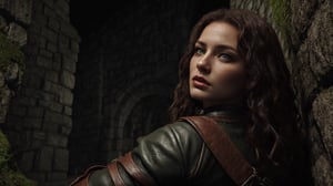 photorealistic, masterpiece, highest quality, (perfect face:1.1), (high detail:1.1), (hyper detailed eyes) dramatic scene, cinematic lighting, detailed background, full body, perfect girl, perfect body, Full leather black medieval armor, blood on clothes, unfriendly expression, Defiant look, reddish curly hair, moss green color eyes, pale_skin. Medieval castle background, moon night, night, dim light from behind, movie still, FFIXBG,bul4n,Realism,FFIXBG