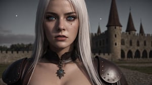 photorealistic, masterpiece, highest quality, (perfect face:1.1), (high detail:1.1), (hyper detailed eyes) dramatic scene, cinematic lighting, detailed background, sexy and perfect girl, perfect body, medieval armor full leather, white hair, white eyes, pale_skin, medieval castle background, blood stained clothes, unfriendly expression. full body. moon night.