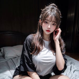 black hair, black eyes, big breast, seductive face, seductive pose, tempting, nsfw, photorealistic:1.37, masterpiece, best quality, raw photo, absurdres, uhd, 1girl wearing an extra oversize tshirt, messy bun on hair, sleepy, sitting on her bed, dynamic poses