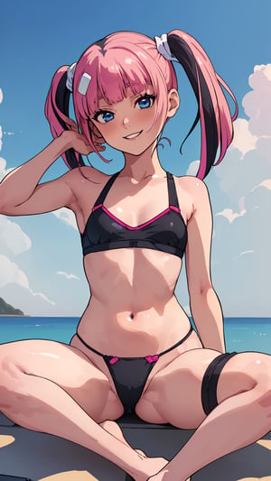 (((1girl, solo, teenage girl, petite, flat chested, mesugaki, small and curvy body))), (((pink hair, blue eyes, black streaked hair, long twintails, blunt bangs))), (((sports bra, hair clip, high-legged thong))), thighs, thigh gap, (((sitting, spread legs, seductive, perverted girl, cheeky smile, looking at viewer))), (((cute girl, sensual, beautiful and delicate, perfect body, correct anatomy))), (Hands:1.1), better_hands, (((she's showing off her body to you)))