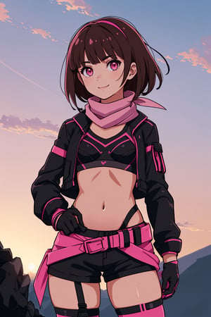 (((1girl, solo, altlenn, teenage girl, petite, flat chest, small and curvy body))), (((black jacket, open jacket, black and pink sports bra, pink fur-trimmed gloves, bandana, long sleeves, blunt bangs, medium hair, brown hair, pink eyes, black shorts))), thighs, thigh gap, (((black ops outfit))), (((looking at viewer, gentle smile, outdoors))), (((pretty girl, beautiful and delicate, perfect body, perfect anatomy)))