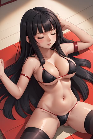 (((1girl, solo, adult woman))), (((long hair, black hair, wavy hair, blunt bangs, closed eyes, large breasts, cleavage))), midriff, thighs, thigh gap, (((red micro bikini, thighhighs))), (((unconscious, lying down, feeling worried, helpless, submissive, on back, sexually suggestive))), (((beautiful and delicate, perfect body, perfect anatomy)))