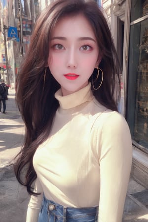 masterpiece, high-quality realistic photo, high resolution photo, high-quality, 8K, natural and soft lighting, high contrast, sharp-focus, upper-body, (detailed face:1.1), in the city,
beautiful-european-1girl, fair smooth skin, gold long hair, hair blowing in the wind, dull bangs, red lips, medium breasts, small earing,                                                                                    
(white turtleneck sweater, jeans),Realism