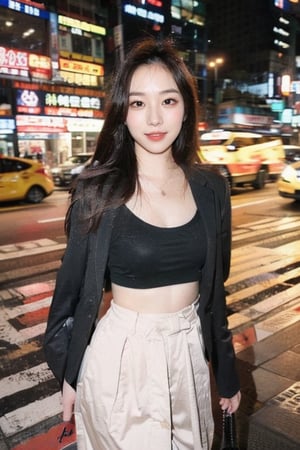 (professional photo), 1girl, pale skin busty Korean K-pop idol, long hair,  50mm, flash photography,  real life, cute face, day time, Hong Kong street wear summer fashion, sexy thin waist