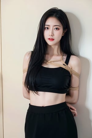 ultra realistic, extreme detailed, (masterpiece), (top quality), (best quality), (official art), (beautiful and aesthetic), (stylish pose), (1 girl), beautiful eyes, arms behind back bound, sexy, shibari, (bondage breasts), medium length skirt, looking at viewer, long black hair, show navel, random graceful pose, wearing a white tank top with lace, upper body, crowded street background, ,fairy,1girl,medium_breast_bondage,sohee