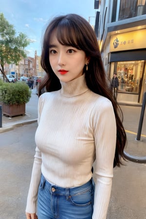 masterpiece, high-quality realistic photo, high resolution photo, high-quality, 8K, natural and soft lighting, high contrast, sharp-focus, upper-body, (detailed face:1.1), in the city,
beautiful-european-1girl, fair smooth skin, gold long hair, hair blowing in the wind, dull bangs, red lips, medium breasts, small earing,                                                                                    
(white turtleneck sweater, jeans),Realism