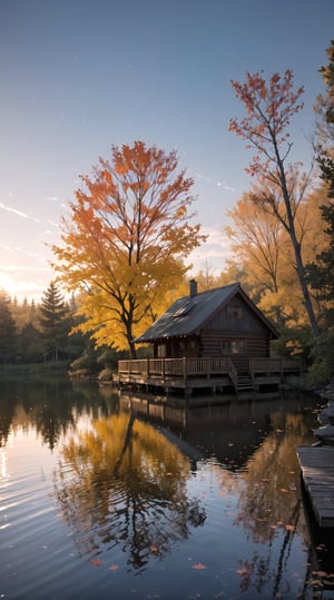 Wooden cabin in the midle of Lake, perfect sunset light on far away, golden rays , water reflection, breeze atmosphere, magnificent view, serene forest around, maple leaves floating , perfect composition, perfect light, profesional shot, canon 5d mark iv 75mm lens f2.8, dark to light, 8k unity wallpaper ,high_res