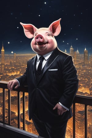 Masterpiece, (super detail), (animal anthropomorphism), gangster theme, (pig, smoking, black suit, presidential figure), Heavenly Father style, fake smile, looking at the audience, standing on the balcony of the night starry background, super clarity, super facial detail all over, intricate