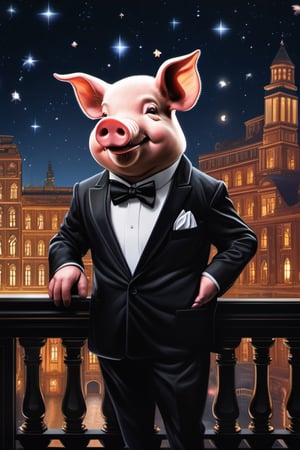 Masterpiece, (super detail), (animal anthropomorphism), gangster theme, (pig, smoking, black suit, presidential figure), Heavenly Father style, fake smile, looking at the audience, standing on the balcony of the night starry background, super clarity, super facial detail all over, intricate