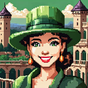 A man or a woman, wearing a beautiful green hat, a fashionable green hat, smile, half body, masterpiece, super detail, background single color, look at the camera, look at the audience, standing on the balcony, solid color background, super clear, super facial detail, intricate, (castle :1.3), pixel art,
