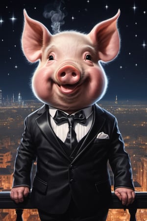 Masterpiece, (super detail), (animal anthropomorphism), gangster theme, (pig, smoking, black suit, presidential figure), Heavenly Father style, fake smile, looking at the audience, standing on the balcony of the night starry background, super clarity, super facial detail all over, intricate