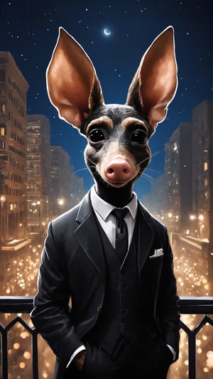 Masterpiece, (super detail), (animal anthropomorphism), gangster theme, (Pig: 0.33), ((human ears:1.5)), Smoking, black suit, Heavenly Father style, smiling towards the camera, looking at the audience, standing on a balcony against a starry night background, super clarity, super facial detail all over, intricate,