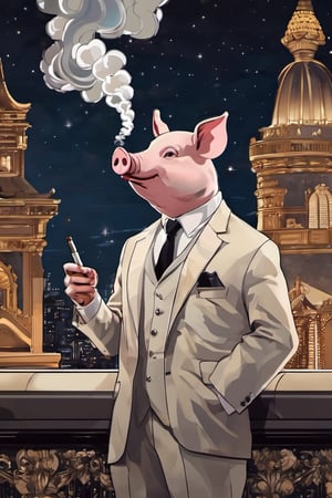 Masterpiece, (super detail), (animal anthropomorphism), gangster theme, (pig, smoking, black suit, presidential figure), Heavenly Father style, fake smile, looking at the audience, standing on the balcony of the night starry background, super clarity, super facial detail all over, intricate