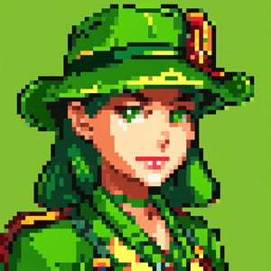 A beautiful green hat, trendy style green hat, half, masterpiece, super detail, background single color, look at the camera, look at the viewer, solid color background, Super clear, super facial detail, intricate, pixel art,Pixel Art