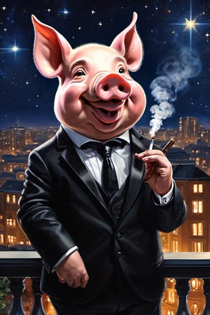 Masterpiece, (super detail), (animal anthropomorphism), gangster theme, (pig, smoking, black suit, presidential figure), Heavenly Father style, fake smile, looking at the audience, standing on the balcony of the night starry background, super clarity, super facial detail all over, intricate