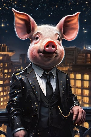 Masterpiece, (super detail), (animal anthropomorphism), gangster theme, (pig, smoking, black suit, presidential figure), Heavenly Father style, fake smile, looking at the audience, standing on the balcony of the night starry background, super clarity, super facial detail all over, intricate