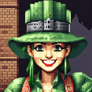 A man or a woman, wearing a beautiful green hat, a fashionable green hat, smile, half body, masterpiece, super detail, background single color, look at the camera, look at the audience, standing on the balcony, solid color background, super clear, super facial detail, intricate, (castle :1.3), pixel art,