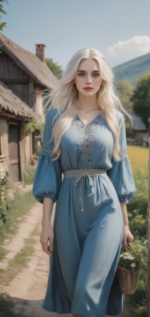 beautiful women enjoying nature in village, long white hair, no make uo, natural beauty, blue eyes,attractive,wearing old european dress ,inst4 style,aesthetic portrait,