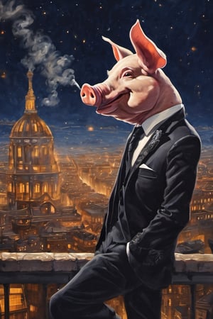 Masterpiece, (super detail), (animal anthropomorphism), gangster theme, (pig, smoking, black suit, presidential figure), Heavenly Father style, fake smile, looking at the audience, standing on the balcony of the night starry background, super clarity, super facial detail all over, intricate