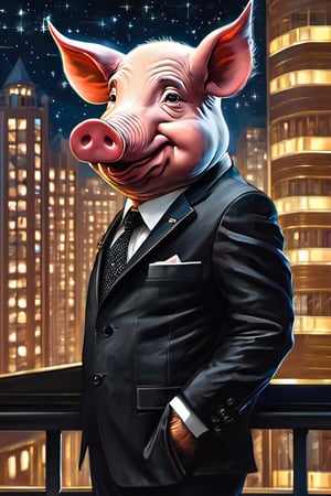 Masterpiece, (super detail), (animal anthropomorphism), gangster theme, (pig, smoking, black suit, presidential figure), Heavenly Father style, fake smile, looking at the audience, standing on the balcony of the night starry background, super clarity, super facial detail all over, intricate