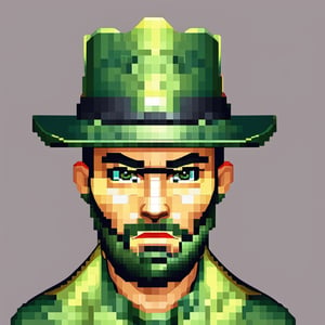 A beautiful green hat, trendy style green hat, half, masterpiece, super detail, background single color, look at the camera, look at the viewer, solid color background, Super clear, super facial detail, intricate, pixel art,