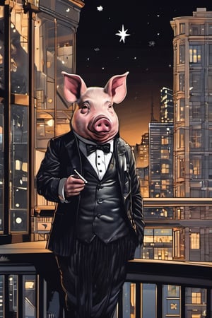 Masterpiece, (super detail), (animal anthropomorphism), gangster theme, (pig, smoking, black suit, presidential figure), Heavenly Father style, fake smile, looking at the audience, standing on the balcony of the night starry background, super clarity, super facial detail all over, intricate