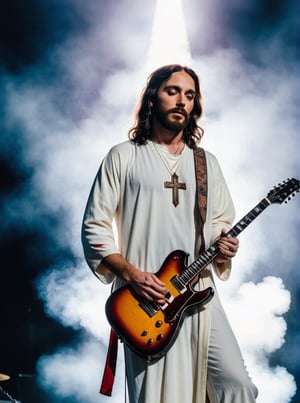 (Jesus on the Cross playing electric guitar:1.6) 
Smoke and flame background
Head to toe portrait
Rock concert vibes
Rich colour
High contrast
124k
Ultra high quality 