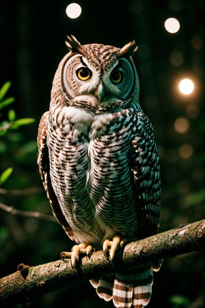 candid RAW portrait photo of an owl sitting on a branch (at night:1.3) in a dark forest, Fujifilm Fujichrome Velvia 100 film, dof, high definition, detailed, intricate, flashlight