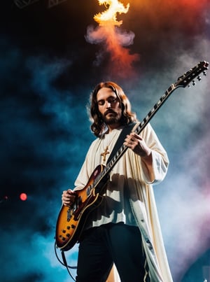 (Jesus on the Cross playing electric guitar:1.6) 
Smoke and flame background
Head to toe portrait
Rock concert vibes
Rich colour
High contrast
124k
Ultra high quality 