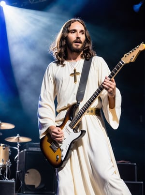 Jesus playing electric guitar in a rock concert 