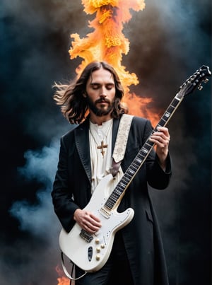 (Jesus on the Cross playing electric guitar:1.6) 
Smoke and flame background
Head to toe portrait
Rock concert vibes
Rich colour
High contrast
124k
Ultra high quality 