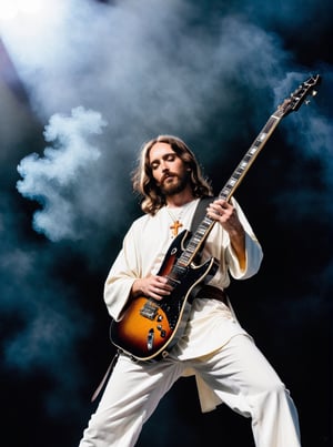 (Jesus on the Cross playing electric guitar:1.6) 
Smoke and flame background
Head to toe portrait
Rock concert vibes
Rich colour
High contrast
124k
Ultra high quality 