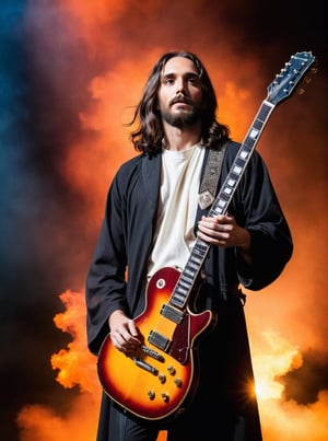 (Jesus on the Cross playing electric guitar:1.6) 
Smoke and flame background
Head to toe portrait
Rock concert vibes
Rich colour
High contrast
124k
Ultra high quality 