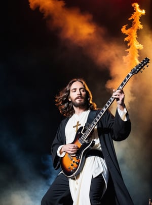 (Jesus on the Cross playing electric guitar:1.6) 
Smoke and flame background
Head to toe portrait
Rock concert vibes
Rich colour
High contrast
124k
Ultra high quality 