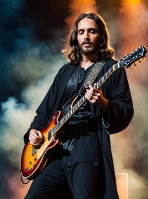 (Jesus on the Cross playing electric guitar:1.6) 
Smoke and flame background
Head to toe portrait
Rock concert vibes
Rich colour
High contrast
124k
Ultra high quality 